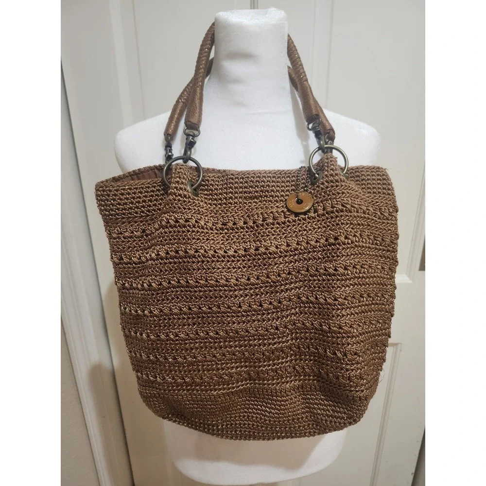 The Sak Crocheted Shoulder Bag CHESTNUT Brown With Gold Metallic Threads VTG EUC - Picture 1 of 10